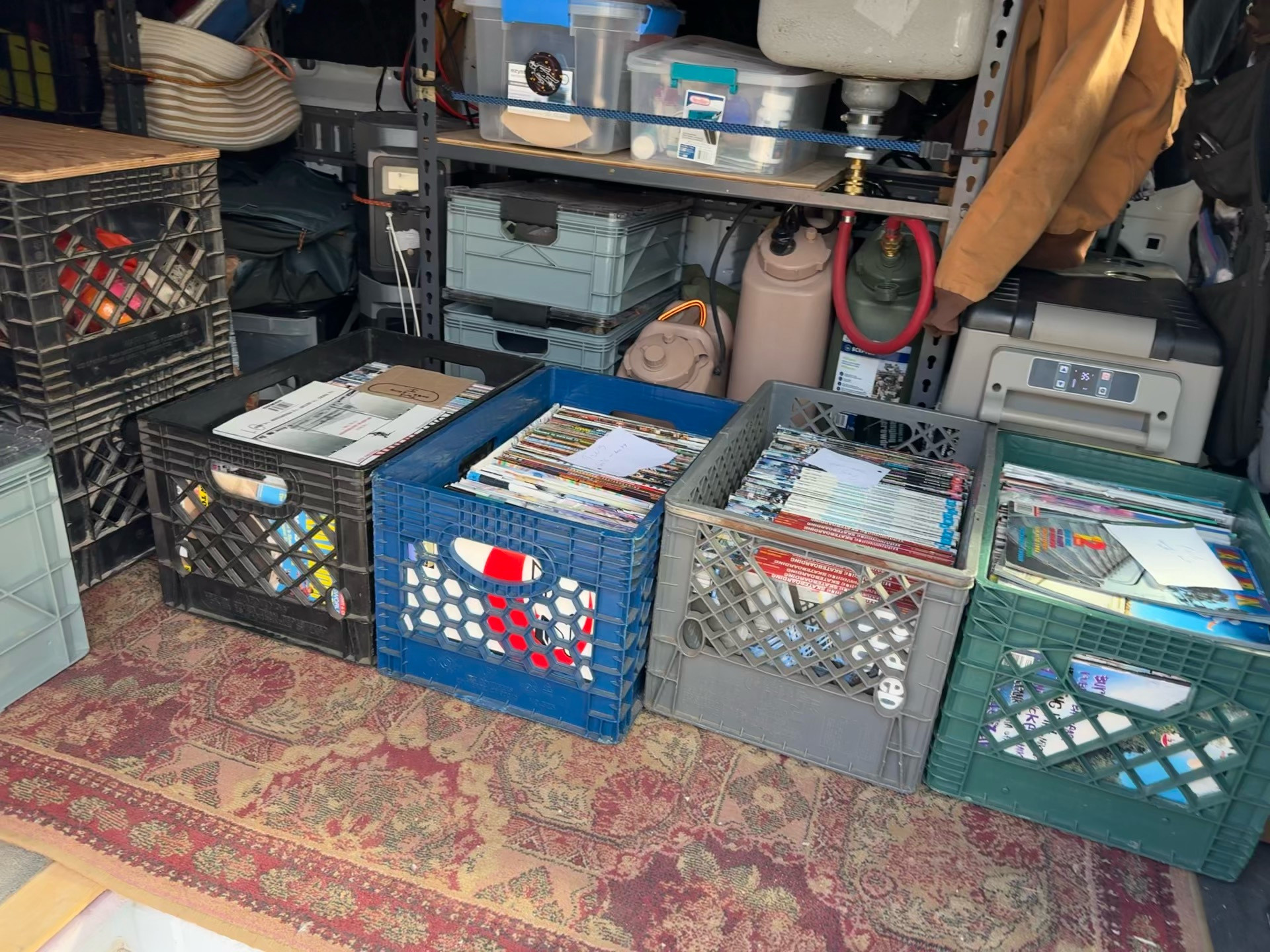 Several crates full of skateboard magazines